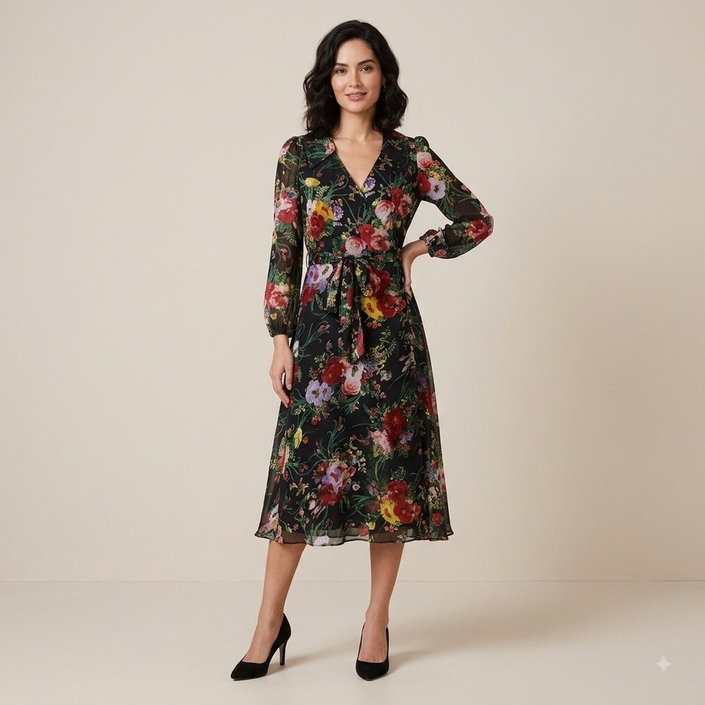 Alice + Olivia Abney Midi Wrap Dress Viscose Silk Black Floral Burnout Size 0
